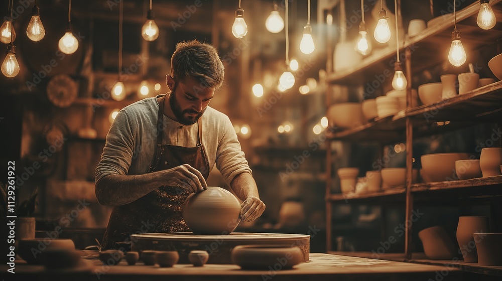 ceramic artist spinning clay on a pottery wheel, with the room glowing softly from hanging Edison bulbs and shelves of unique creations ceramic artist spinning clay on a pottery wheel, with the room glowing softly from hanging Edison bulbs and shelves of unique creations