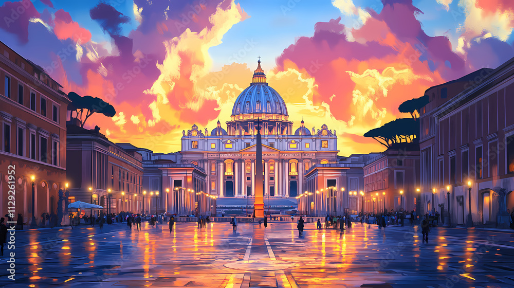 Fototapeta premium St. peter's basilica at sunset in rome. Basilica. Illustration