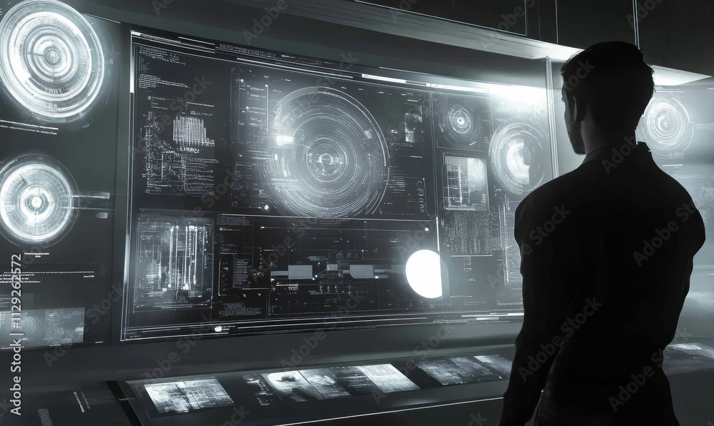 Fototapeta premium Person views futuristic digital displays, data streams.