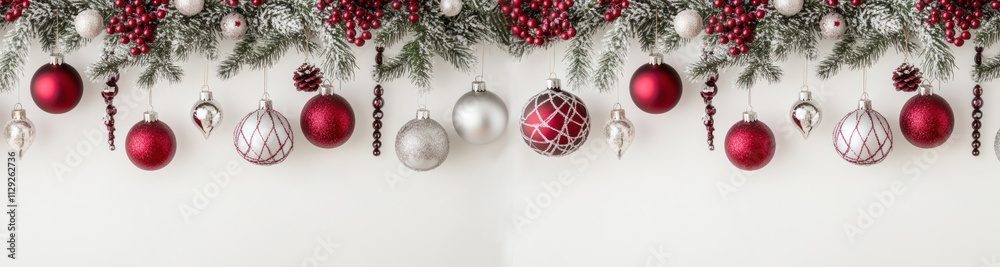 christmas festive holiday decoration with a border of pine branches, red berries, and various Christmas ornaments in red, white, and silver hues. The decorations hang from the top, l christmas festive holiday decoration with a border of pine branches, red berries, and various Christmas ornaments in red, white, and silver hues. The decorations hang from the top, l