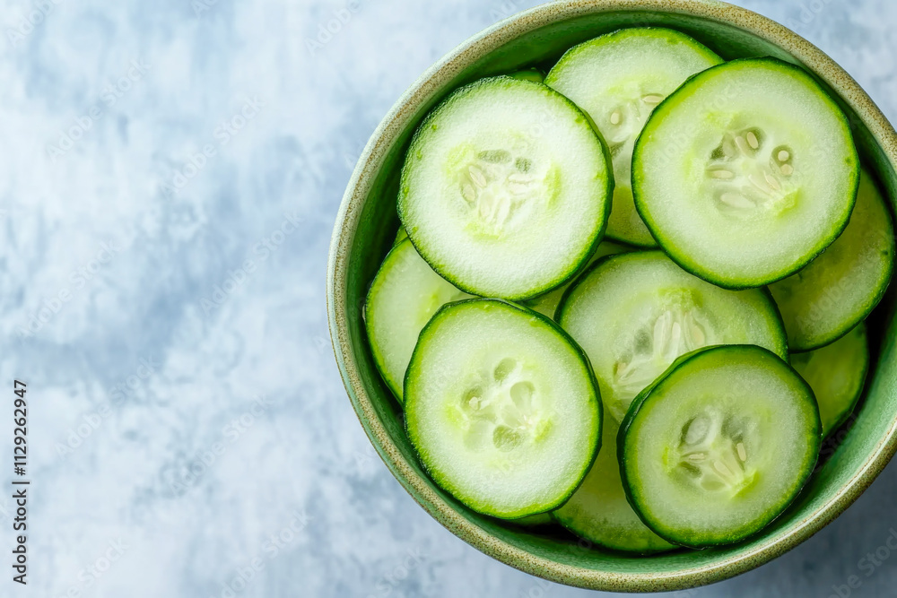 Fresh sliced cucumbers in a bowl on marble background Fresh sliced cucumbers in a bowl on marble background