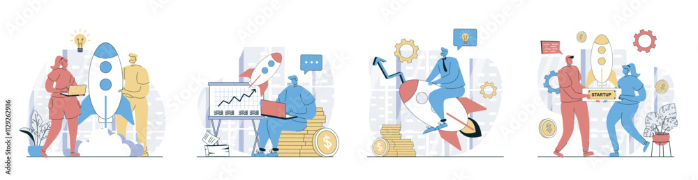 Business startup concept set in flat design for web. Collection with people brainstorming and planning process, launching new project rocket, entrepreneur collaboration work. Vector illustrations.
