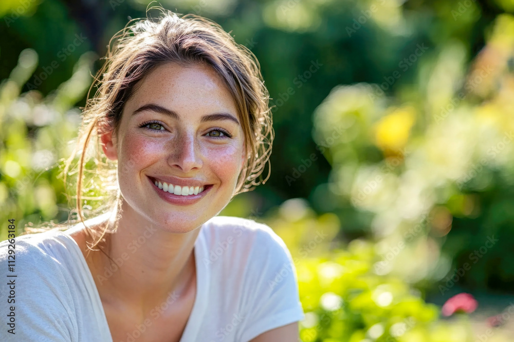 Smiling young caucasian female in sunny garden setting Smiling young caucasian female in sunny garden setting