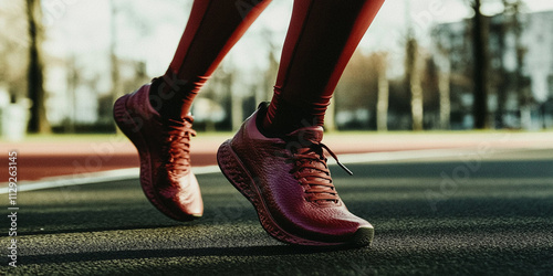 Closeup of female legs with red sneakers on a running track generativa IA