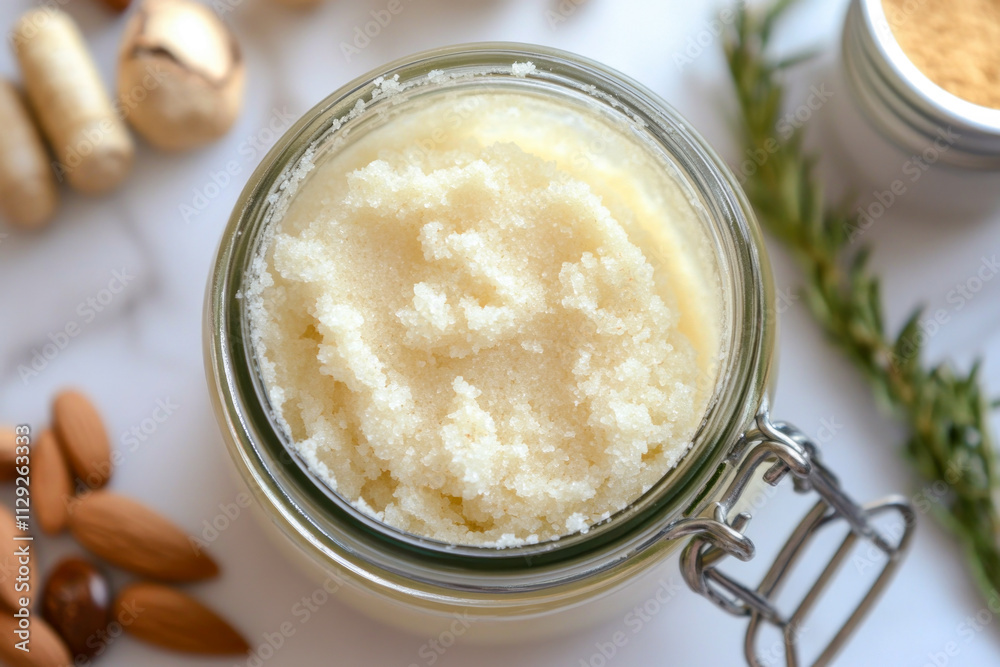 Homemade exfoliating sugar scrub with almond and rosemary on marble Homemade exfoliating sugar scrub with almond and rosemary on marble
