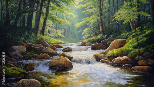 Tranquil Forest Creek with Mossy Rocks. This serene image captures a cascading creek flowing through a lush forest.