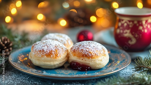 Seasonal Pastries with Pine and Holiday Lights photo