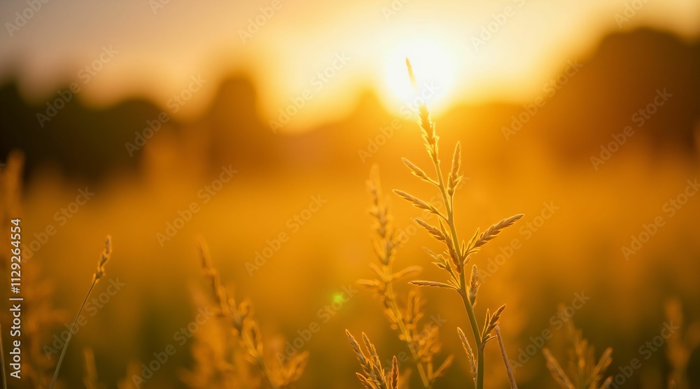 Obraz premium Golden Hour Meadow: A single stalk of grass illuminated by the warm glow of a setting sun, creating a serene and peaceful landscape. 