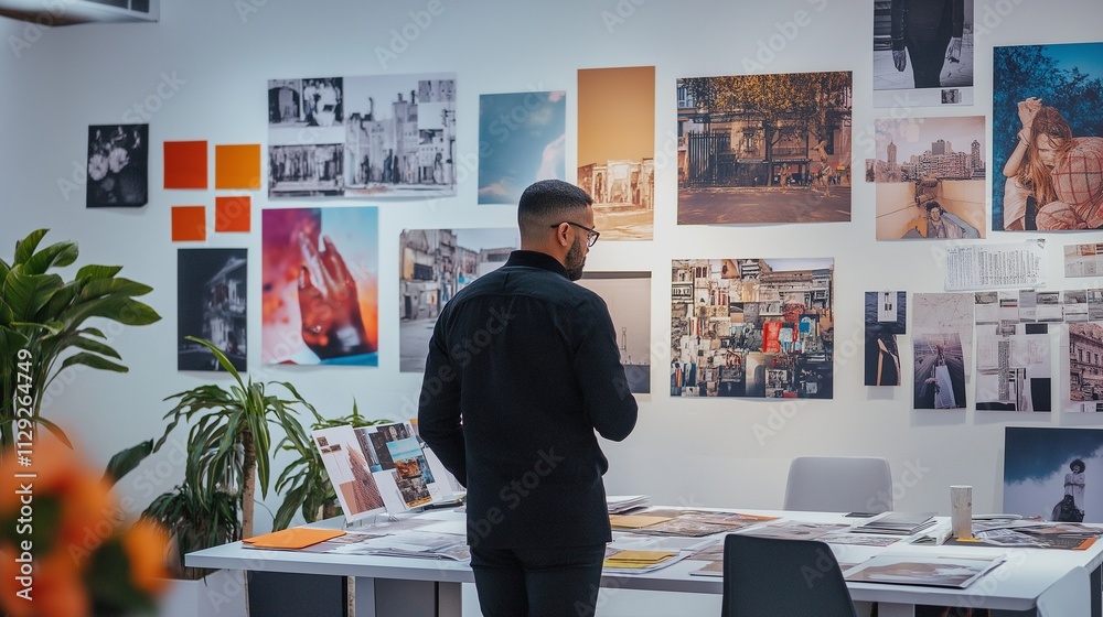 © mirifadapt - creative director reviewing a bold advertising campaign in a sleek office