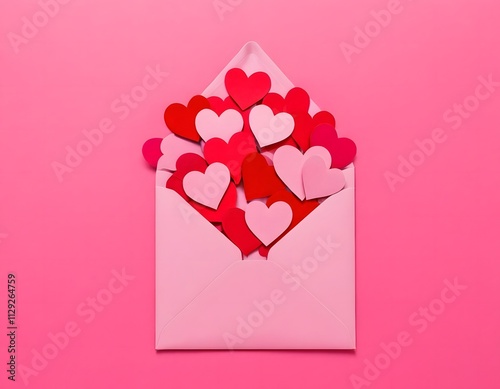 Valentines' day happy new year wedding anniversary Christmas Celebration background. White postcard mockup on background of red and white hearts. Saint Valentine. Flat lay, top view, copy space