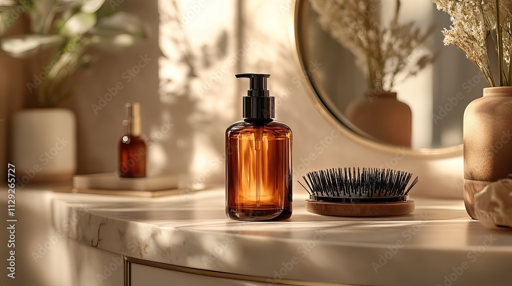 Amber Glass Bottle with Pump on Marble Vanity in Warm Natural Light with Hairbrush and Mirror Amber Glass Bottle with Pump on Marble Vanity in Warm Natural Light with Hairbrush and Mirror