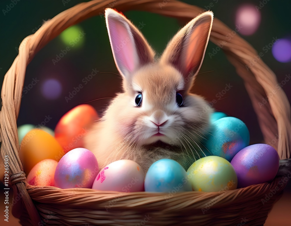 Fluffy bunny wearing pastel-colored Easter bunny ears, sitting in a basket with colorful eggs around Fluffy bunny wearing pastel-colored Easter bunny ears, sitting in a basket with colorful eggs around
