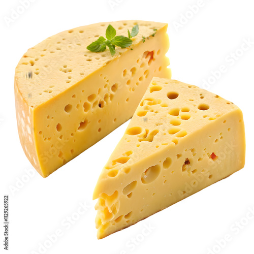 A piece of cheese with green leaves on it photo