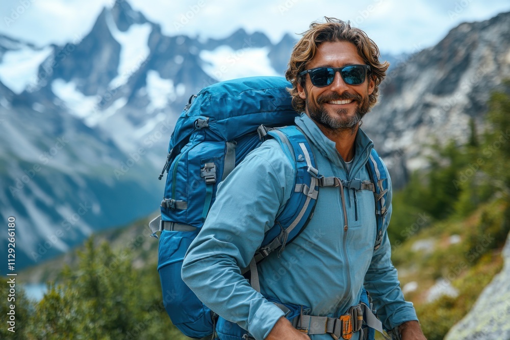 A cheerful man wearing a backpack, standing confidently against a mountain backdrop. A vibrant and adventurous image for hiking and tourism A cheerful man wearing a backpack, standing confidently against a mountain backdrop. A vibrant and adventurous image for hiking and tourism