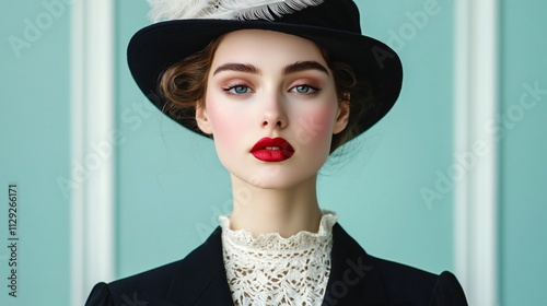 Elegant Woman in Vintage Hat Retro Fashion Portrait Teal Background