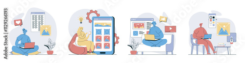Content manager concept set in flat design for web. Collection with people creating photos and images for webpage filling, planning online posts, making digital content and text. Vector illustrations.