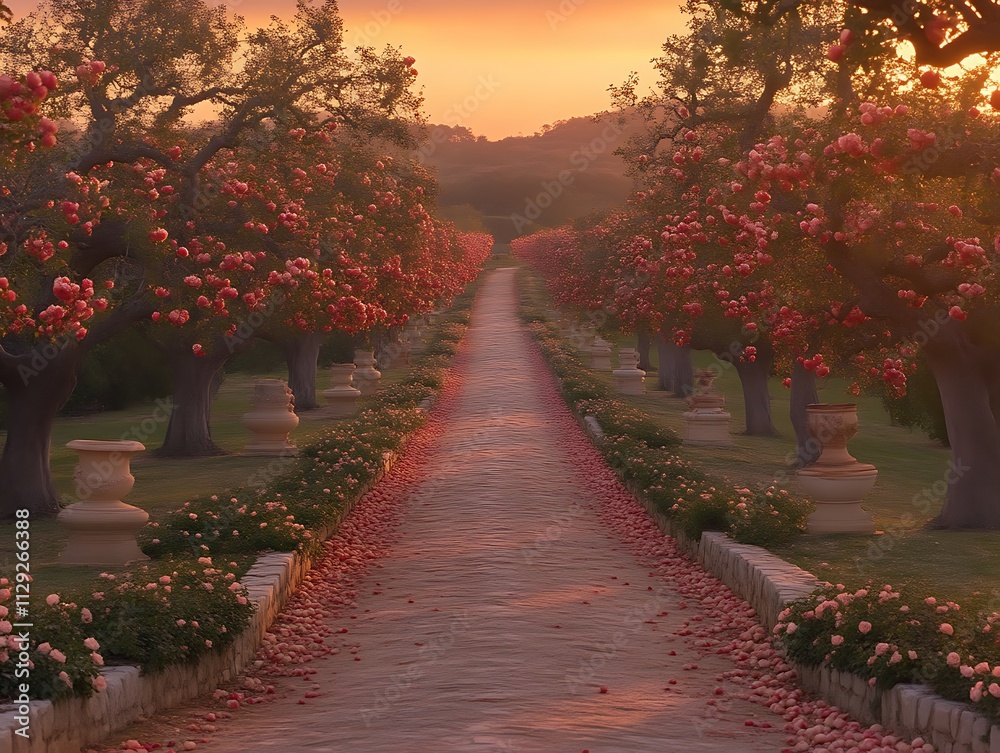 Fototapeta premium Rose petals line a pathway between flowering trees at sunset