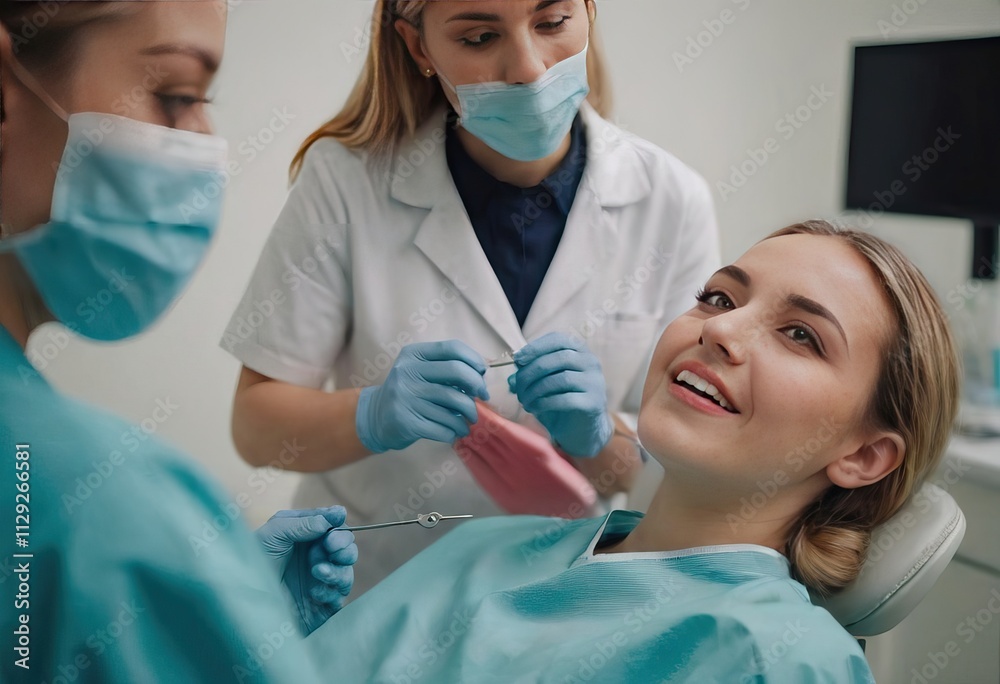 A woman sits in a dental chair as a dentist examines her teeth A woman sits in a dental chair as a dentist examines her teeth