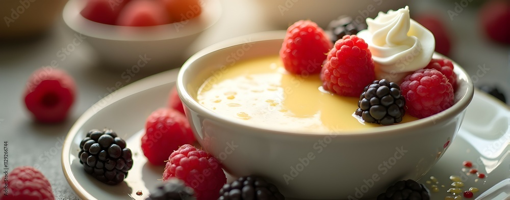 Delightful creamy dessert, topped with fresh raspberries and blackberries, a dollop of whipped cream adds a touch of elegance. Delightful creamy dessert, topped with fresh raspberries and blackberries, a dollop of whipped cream adds a touch of elegance.