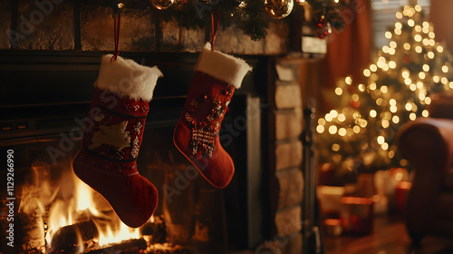 A close-up of a crackling fireplace with Christmas stockings hanging above adorned with festive garlands. photo