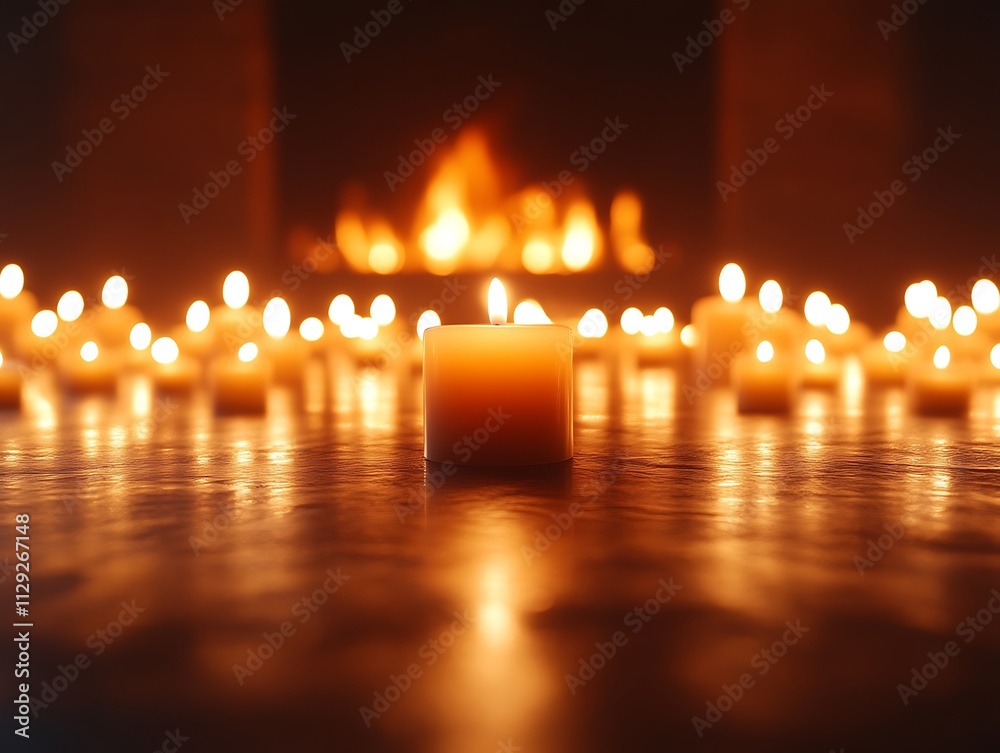 A Single Candle Burns Bright Before A Fireplace A Single Candle Burns Bright Before A Fireplace