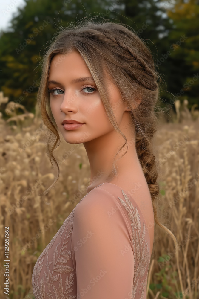 Obraz premium outdoor portrait of a young woman with soft makeup in a mocha mousse dress, set against a field, perfect for lifestyle and fashion photography