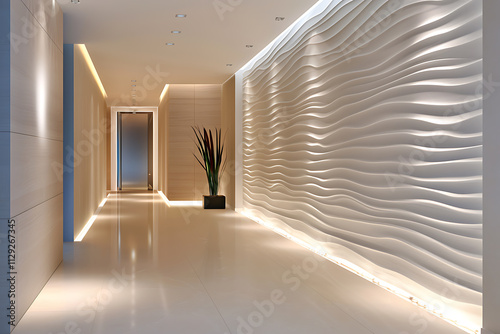 contemporary hallway design, enhance a contemporary hallway with led lighting strips, textured walls, and artistic installations to add dimension and break the monotony