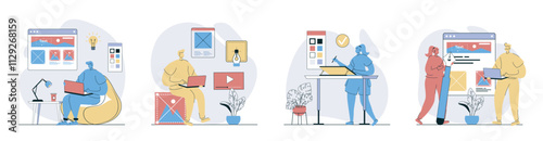 Designer studio concept set in flat design for web. Collection with people drawing digital images and graphic elements, selecting colours, building visual site layout with tools. Vector illustrations.