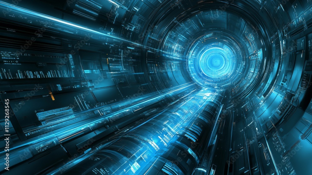 A futuristic tunnel with glowing blue lights and digital patterns, suggesting advanced technology. A futuristic tunnel with glowing blue lights and digital patterns, suggesting advanced technology.