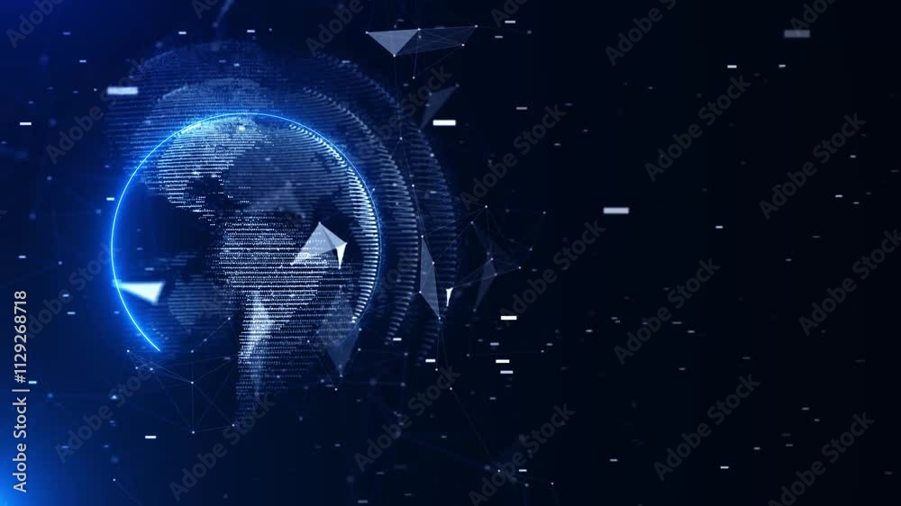 3D Futuristic rotating world globe in particles or small dots. Modern technology background for broadcast. Virtual digital planet Earth Global network connection breaking news report Studio Animation