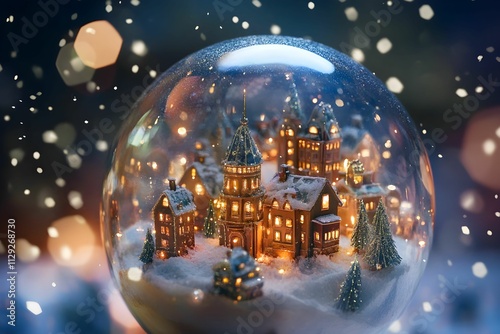 Snow globe featuring a charming village with illuminated buildings and trees during winter