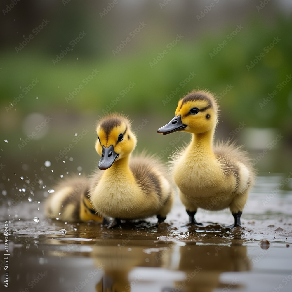 Adorable ducklings playing in the spring rain Adorable ducklings playing in the spring rain