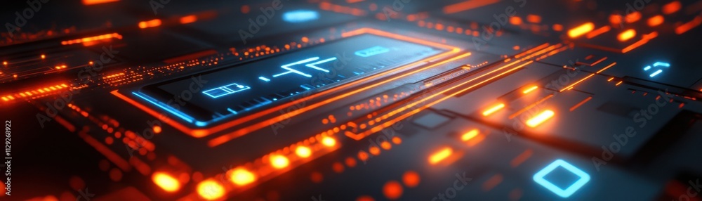 Obraz premium Futuristic digital circuit board featuring glowing lines and advanced technology elements.