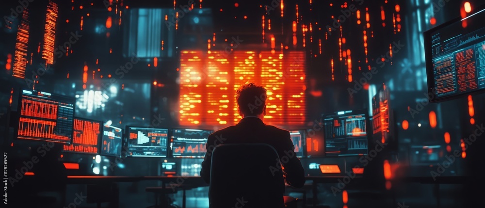 Data analysis mission high-tech control center digital art futuristic environment aerial viewpoint cybersecurity concept