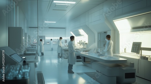 laboratory where technicians are processing routine medical tests, surrounded by glowing machines and sterile tools, white walls and white medical equipment, super realistic