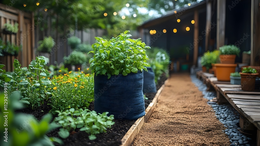A garden with a blue planter and a path A garden with a blue planter and a path
