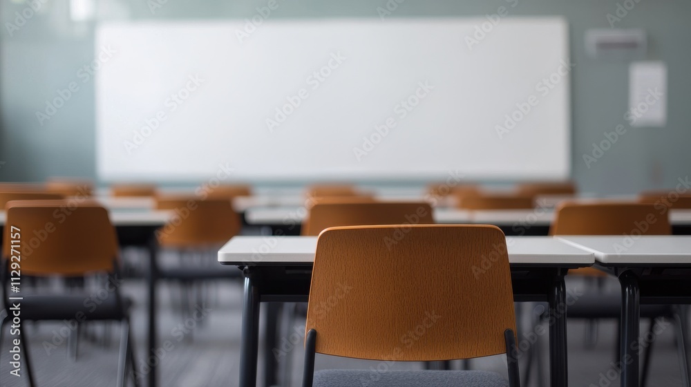 Empty Classroom with Desks and Chairs Set Up for Learning and Education, Ready for Students to Engage in a Productive Academic Environment Empty Classroom with Desks and Chairs Set Up for Learning and Education, Ready for Students to Engage in a Productive Academic Environment
