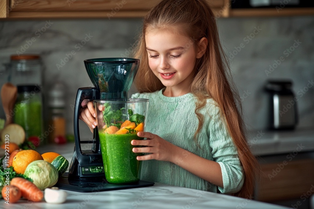 Young girl enjoying the process of blending a healthy green smoothie in a cozy kitchen Young girl enjoying the process of blending a healthy green smoothie in a cozy kitchen