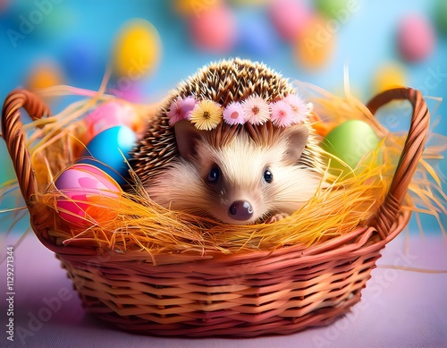 Easter concept. Tiny hedgehog in an Easter basket filled with colorful straw and eggs, with a tiny flower crown photo