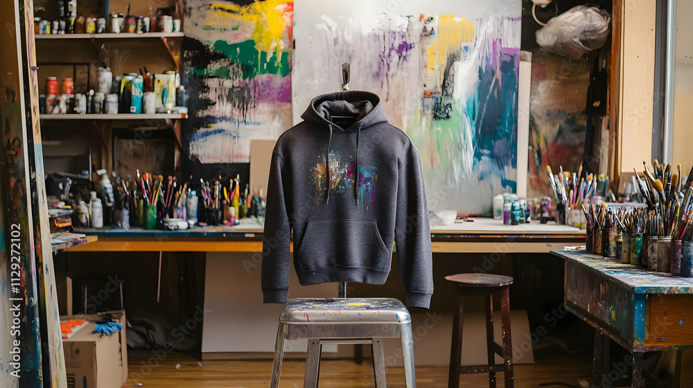 Hoodie Mockup - A hoodie displayed in an artist's studio filled with paint and creative tools. Hoodie Mockup - A hoodie displayed in an artist's studio filled with paint and creative tools.