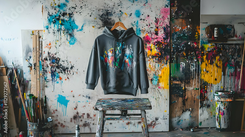 Hoodie Mockup - A hoodie displayed in a colorful artist's studio with splattered paint on the walls. photo