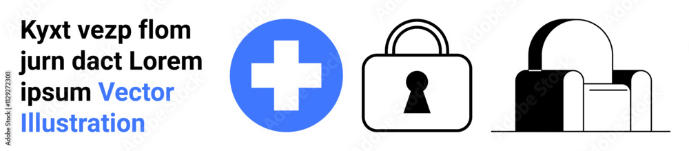 Blue cross symbol, simple padlock, and black padlock with white shackle. Ideal for healthcare, security, safety, medical services, data protection hospital signage and website design. Landing page Blue cross symbol, simple padlock, and black padlock with white shackle. Ideal for healthcare, security, safety, medical services, data protection hospital signage and website design. Landing page