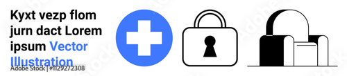Blue cross symbol, simple padlock, and black padlock with white shackle. Ideal for healthcare, security, safety, medical services, data protection hospital signage and website design. Landing page