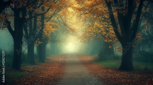 A tranquil path through a foggy forest adorned with autumn leaves.