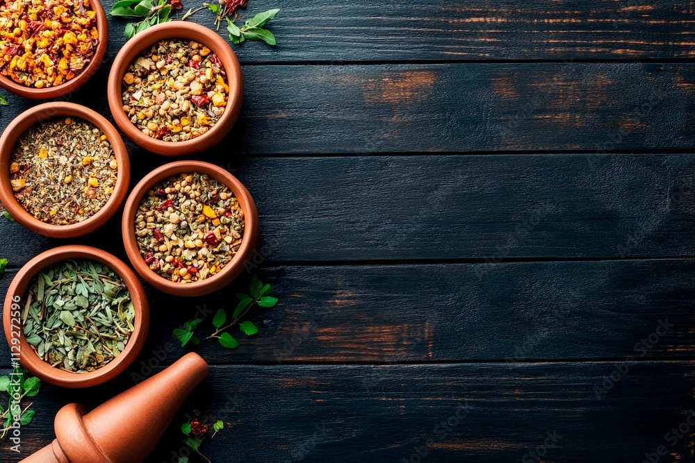 Colorful spices arranged in clay pots on rustic wooden table ready for cooking inspiration Colorful spices arranged in clay pots on rustic wooden table ready for cooking inspiration