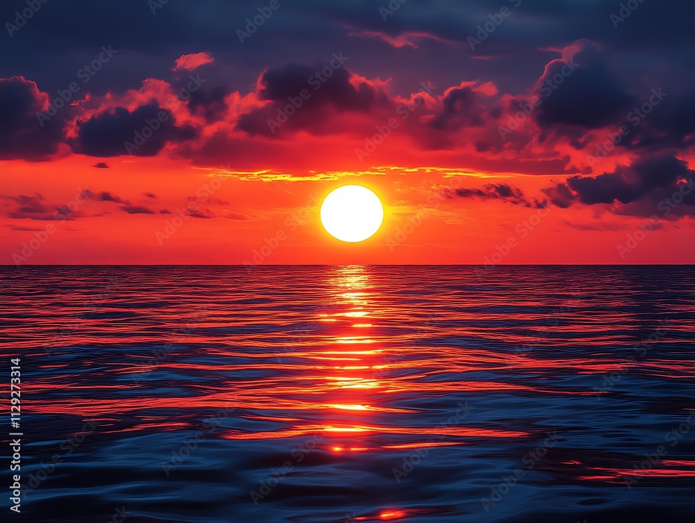 Fiery Sunset Over Calm Ocean Waters Reflecting Light Fiery Sunset Over Calm Ocean Waters Reflecting Light