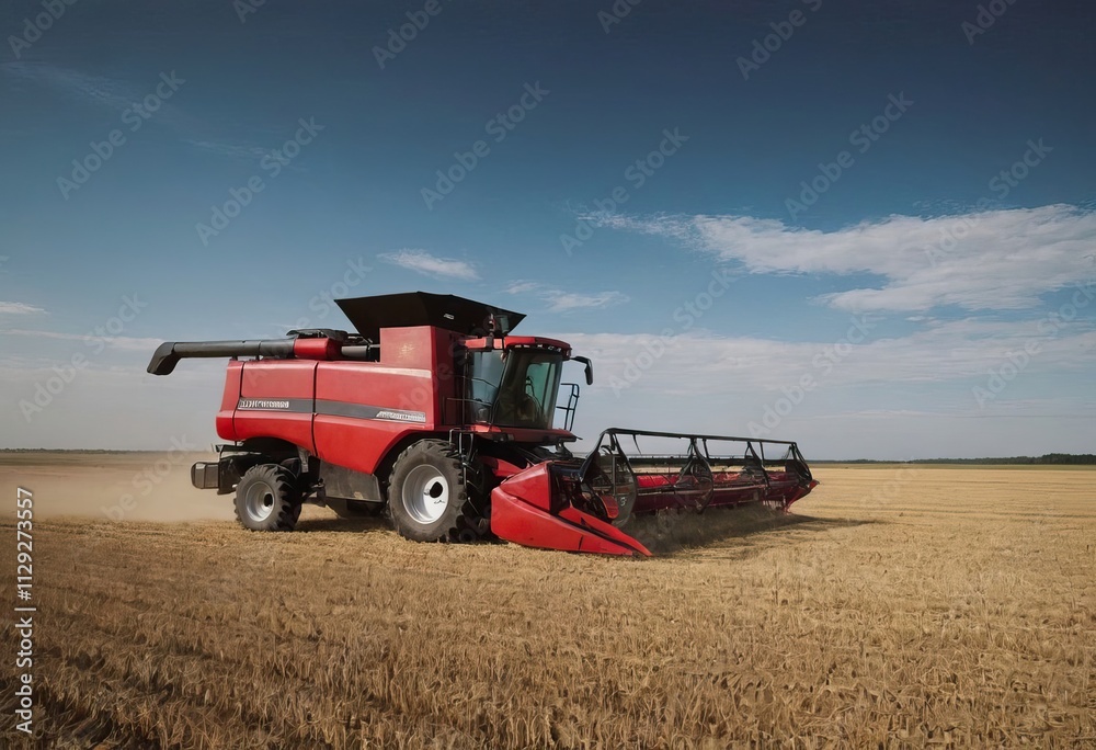 Obraz premium A bright yellow combine harvester is actively working in a vast field