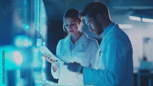 healthcare professionals discussing a diagnosis over a tablet in a collaborative and futuristic hospital environment