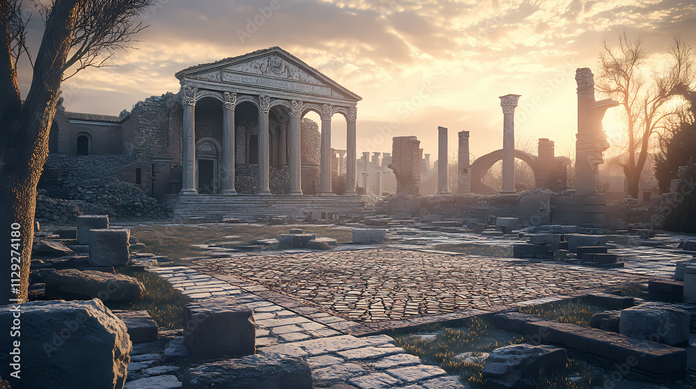 Fototapeta premium Echoes of time: 3d render of crumbling roman basilica ruins with intricate mosaics in soft morning light. Basilica. Illustration