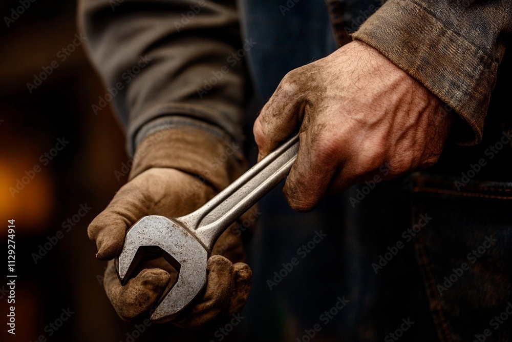 Holding a wrench in a workshop during a hands-on repair session in the evening light Holding a wrench in a workshop during a hands-on repair session in the evening light